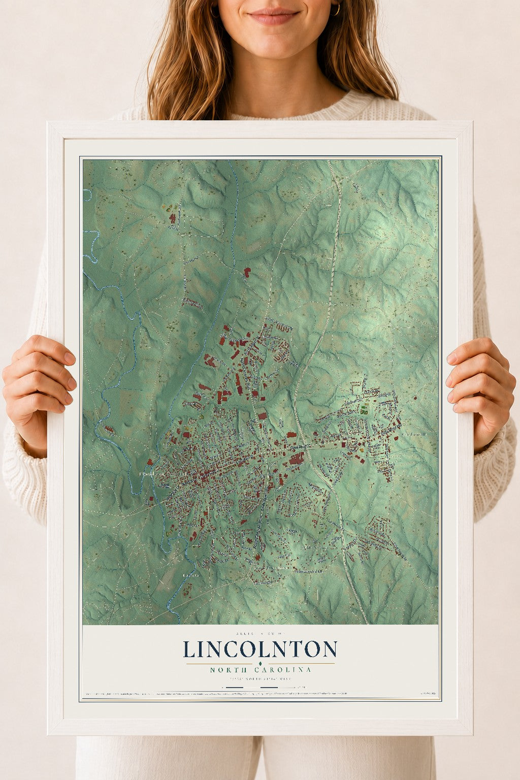 Map of Lincolnton, North Carolina, 18 x 24 inch print in a white wood frame