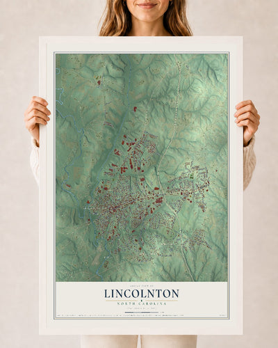 Map of Lincolnton, North Carolina, 24 x 36 inch print in a white wood frame