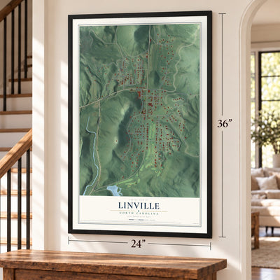 Linville, North Carolina map, 24 x 36 inch print in a black frame by a staircase