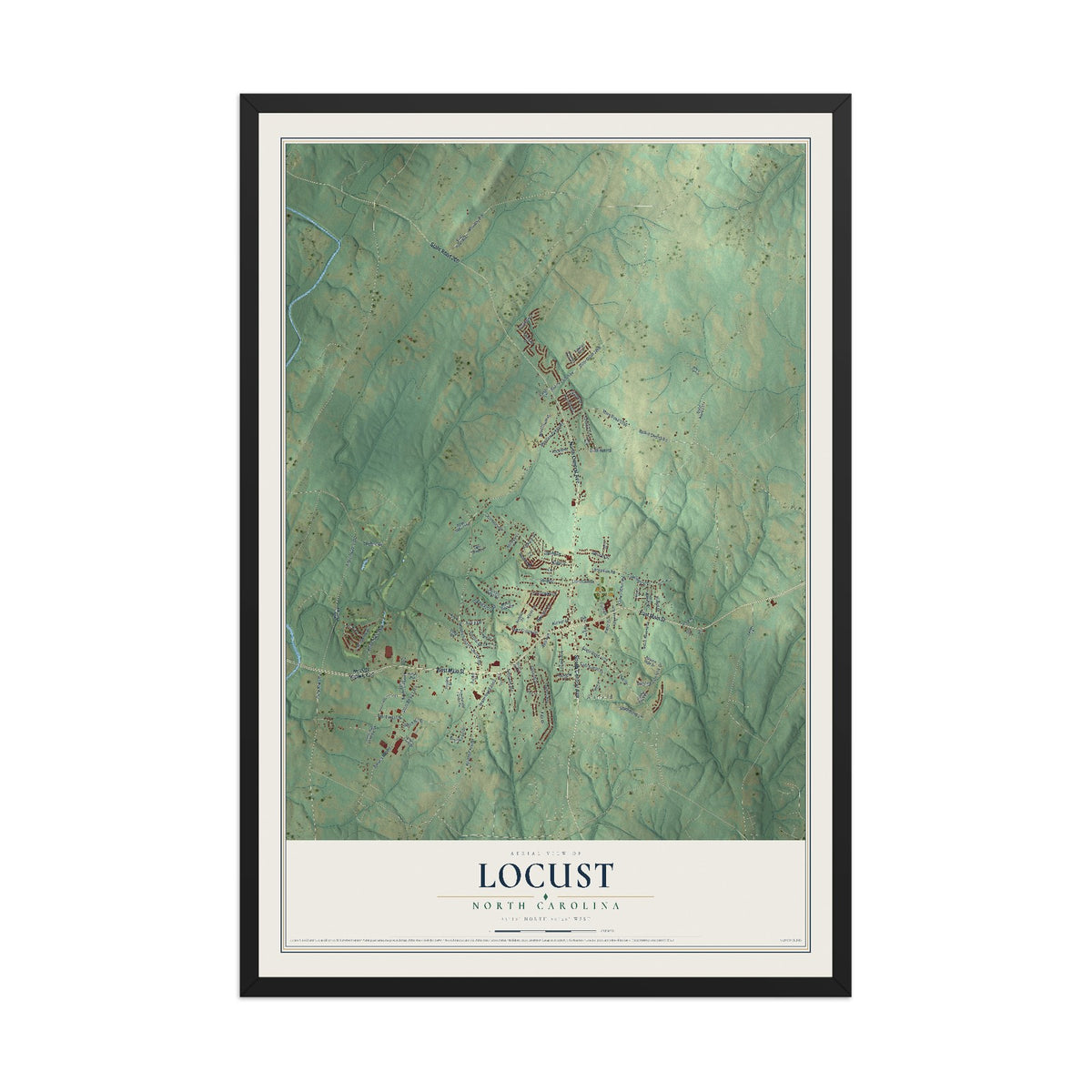 Map of Locust, North Carolina, 12 x 18 inch print in a black wood frame