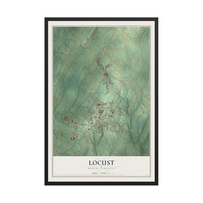 Map of Locust, North Carolina, 12 x 18 inch print in a black wood frame