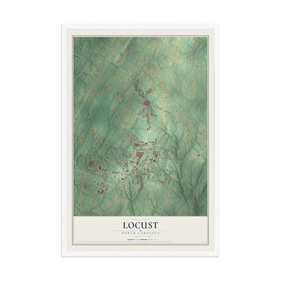 Map of Locust, North Carolina, 12 x 18 inch print in a white wood frame