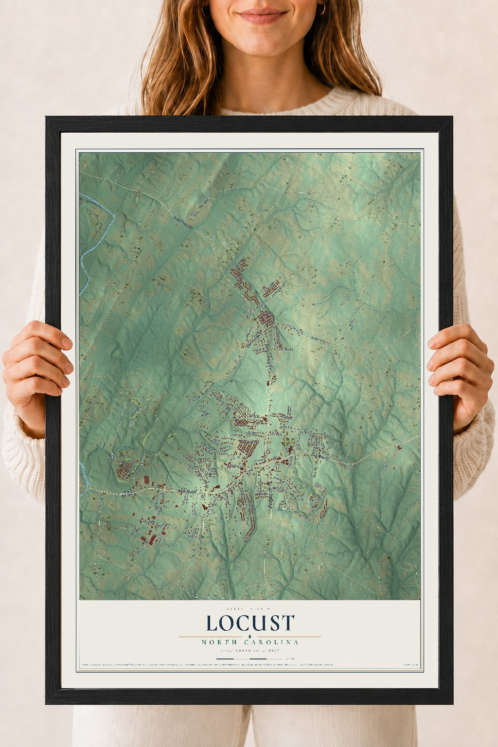 Map of Locust, North Carolina, 18 x 24 inch print in a black wood frame