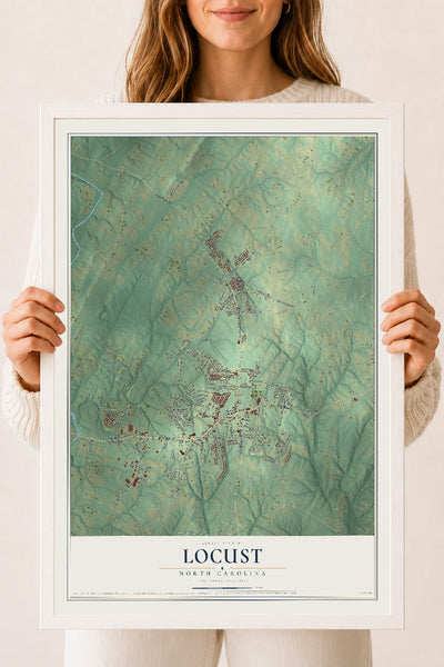 Map of Locust, North Carolina, 18 x 24 inch print in a white wood frame