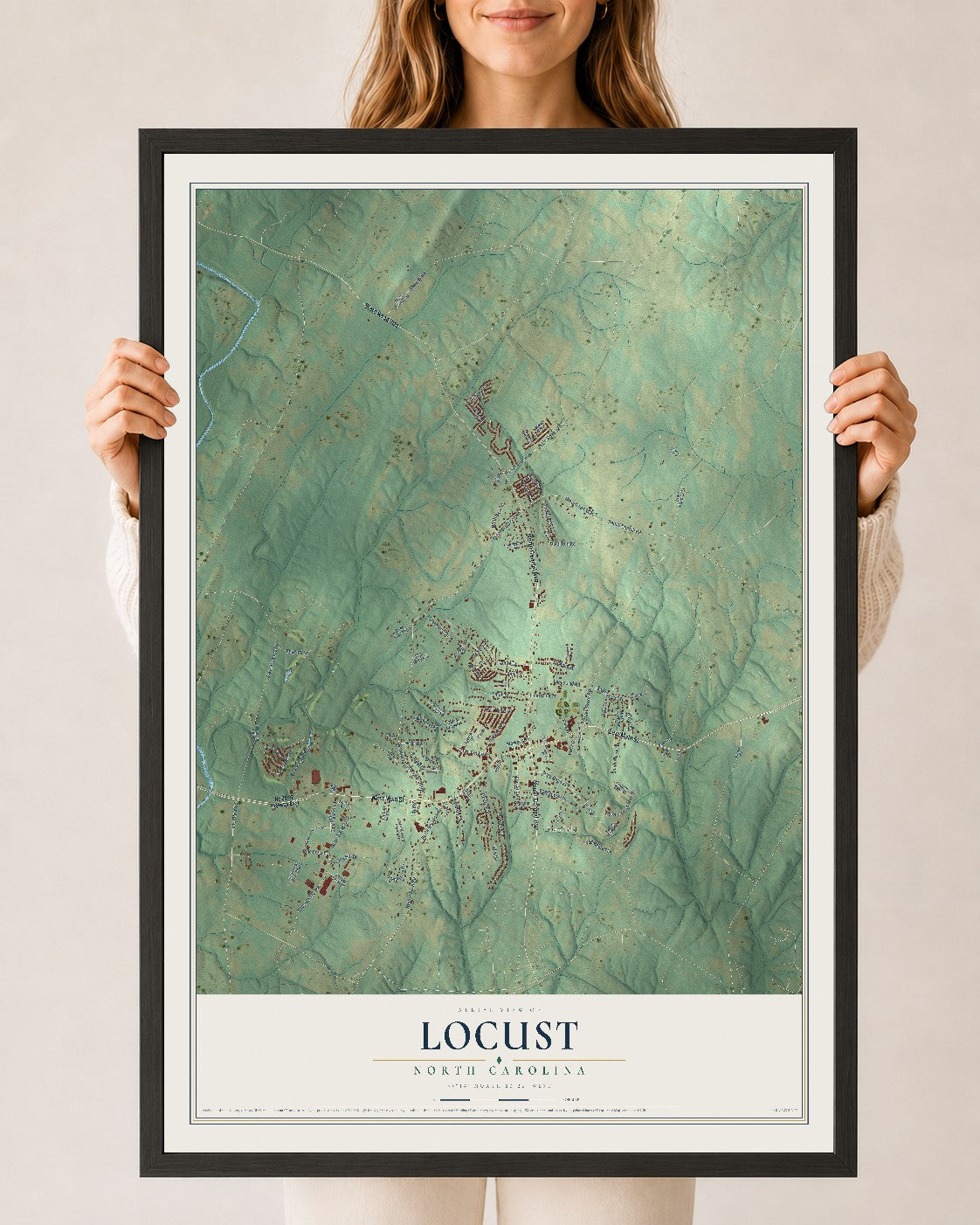 Map of Locust, North Carolina, 24 x 36 inch print in a black wood frame