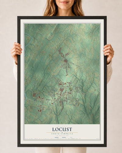 Map of Locust, North Carolina, 24 x 36 inch print in a black wood frame
