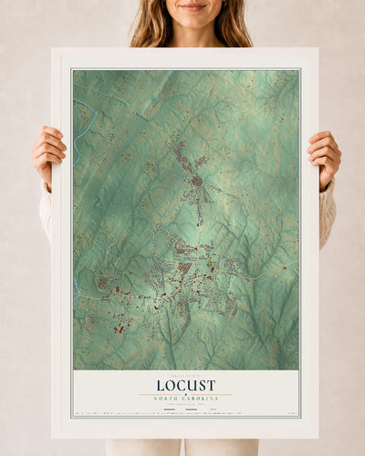 Map of Locust, North Carolina, 24 x 36 inch print in a white wood frame