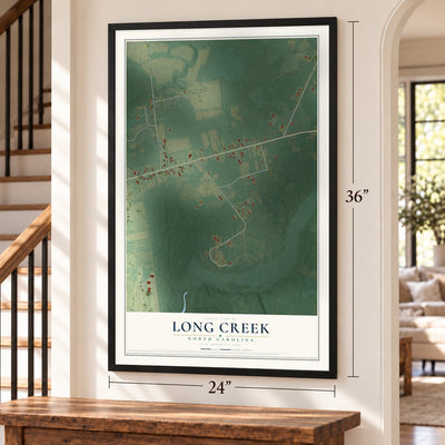 Long Creek, North Carolina map, 24 x 36 inch print in a black frame by a staircase