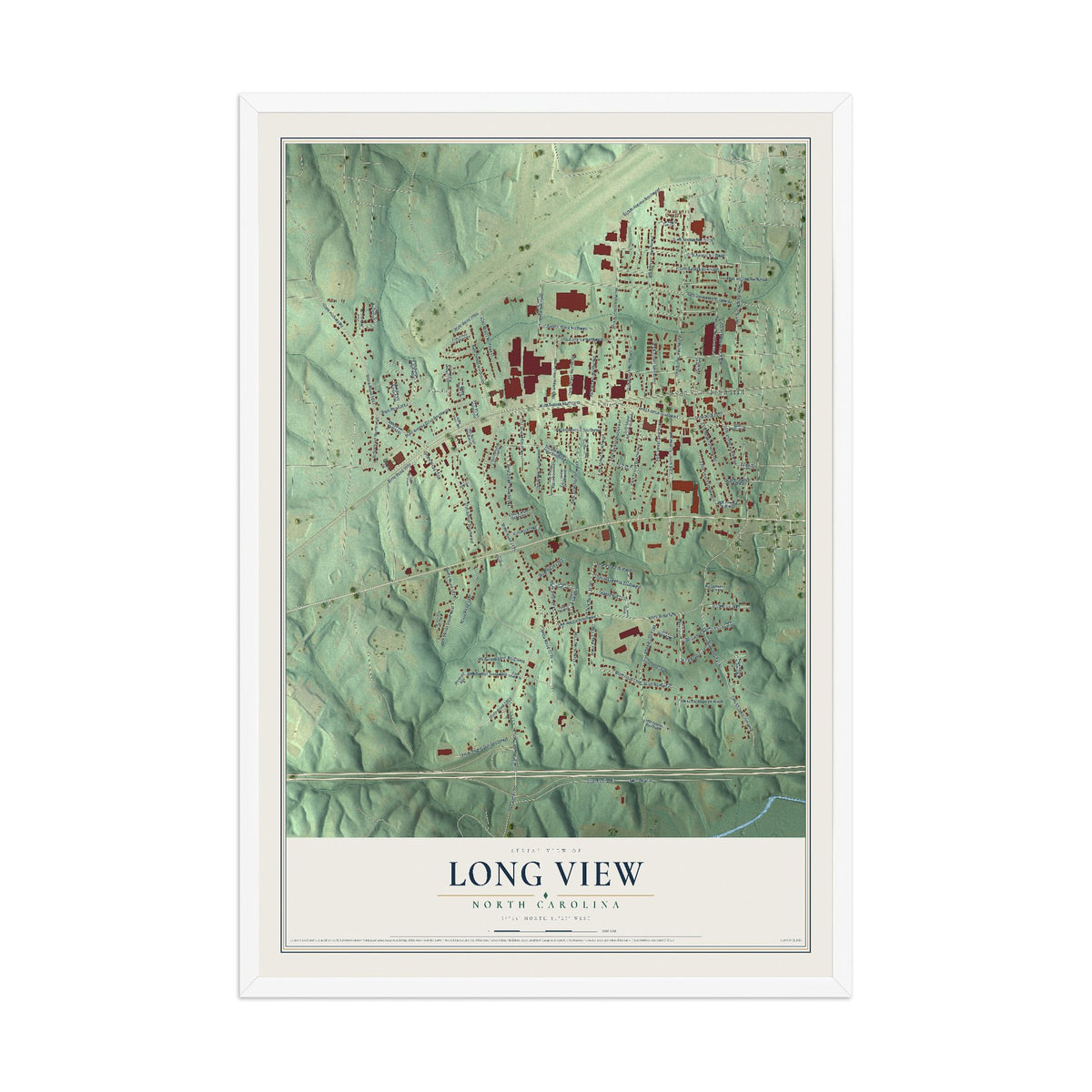 Map of Long View, North Carolina, 12 x 18 inch print in a white wood frame