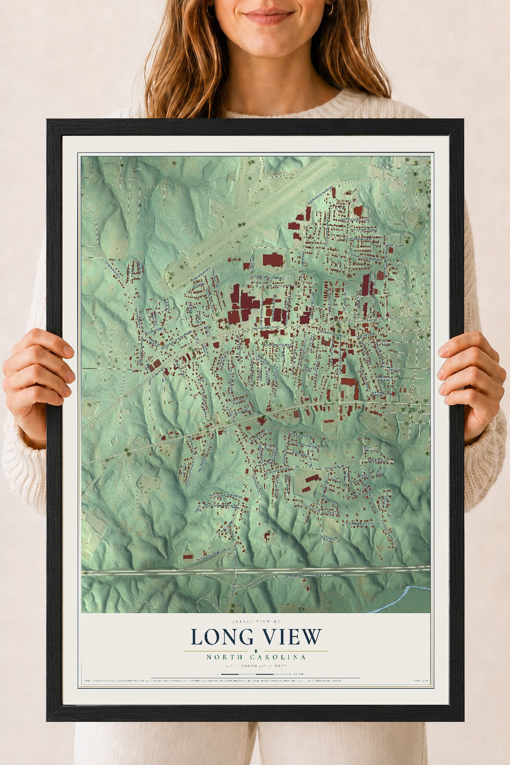 Map of Long View, North Carolina, 18 x 24 inch print in a black wood frame