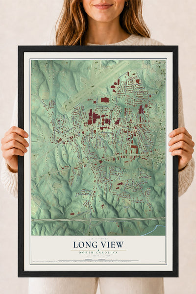 Map of Long View, North Carolina, 18 x 24 inch print in a black wood frame