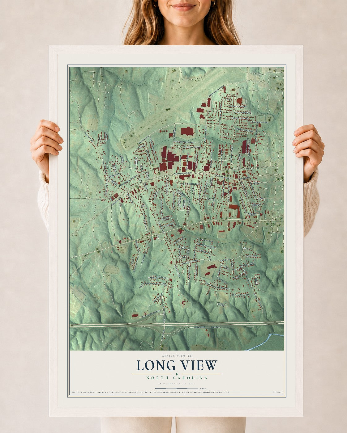 Map of Long View, North Carolina, 24 x 36 inch print in a white wood frame