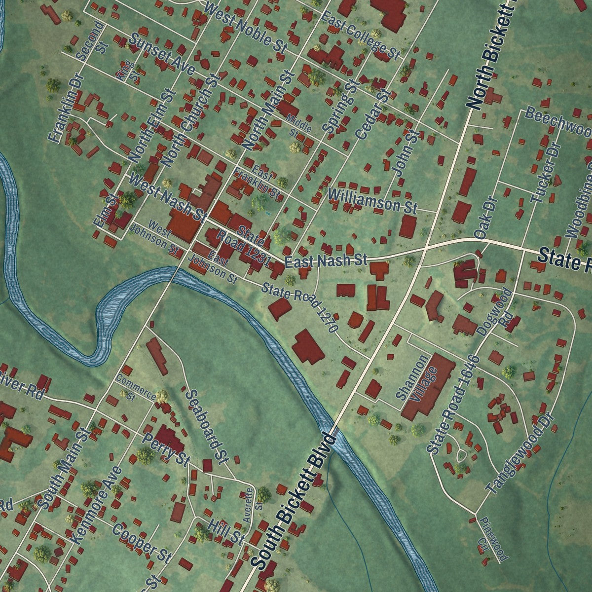 Close-up of the map of Louisburg, North Carolina print showing street and building detail