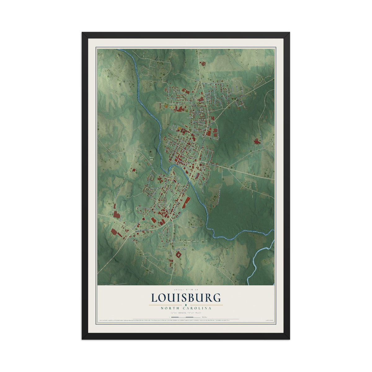 Map of Louisburg, North Carolina, 12 x 18 inch print in a black wood frame