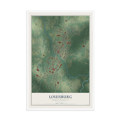 Map of Louisburg, North Carolina, 12 x 18 inch print in a white wood frame