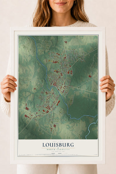 Map of Louisburg, North Carolina, 18 x 24 inch print in a white wood frame