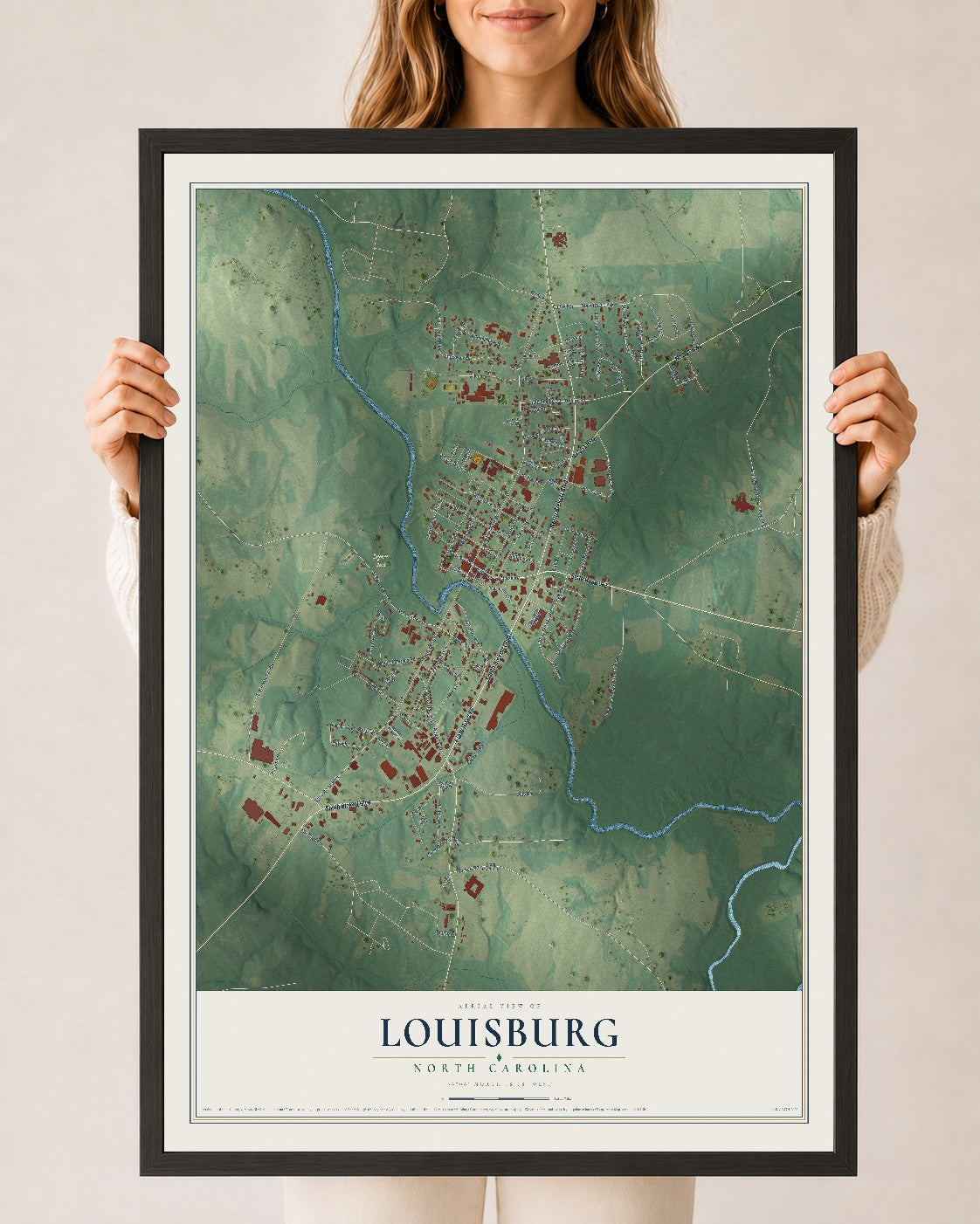 Map of Louisburg, North Carolina, 24 x 36 inch print in a black wood frame