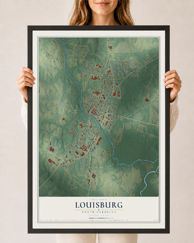 Map of Louisburg, North Carolina, 24 x 36 inch print in a black wood frame