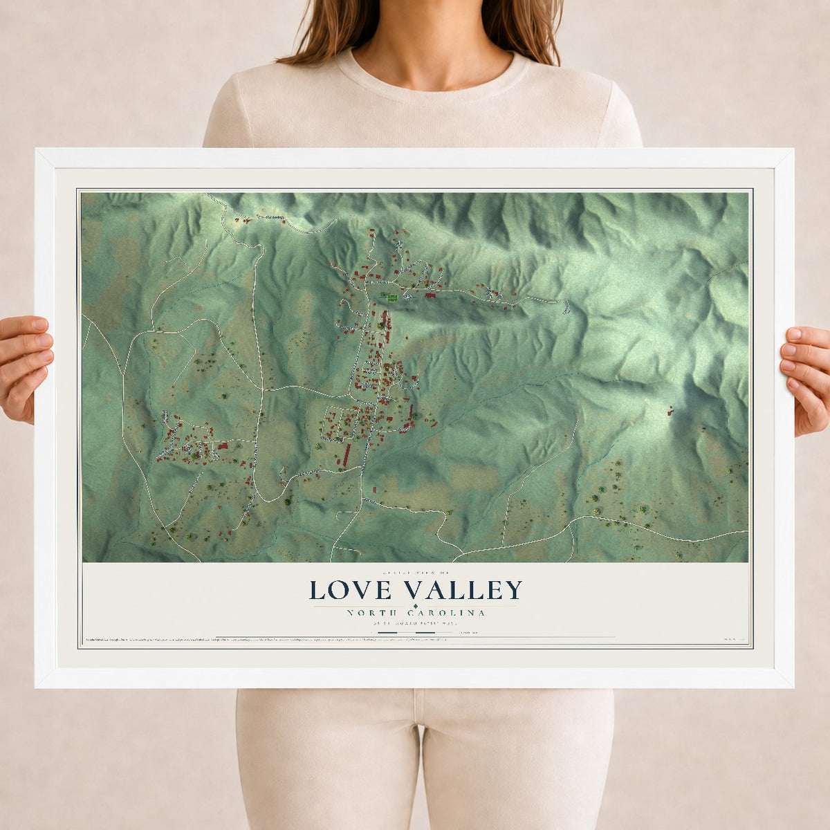 Map of Love Valley, North Carolina, 18 x 24 inch print in a white wood frame