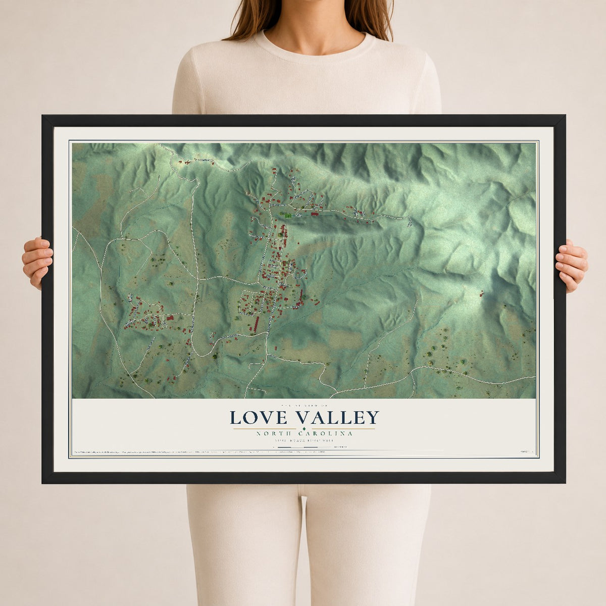 Map of Love Valley, North Carolina, 24 x 36 inch print in a black wood frame