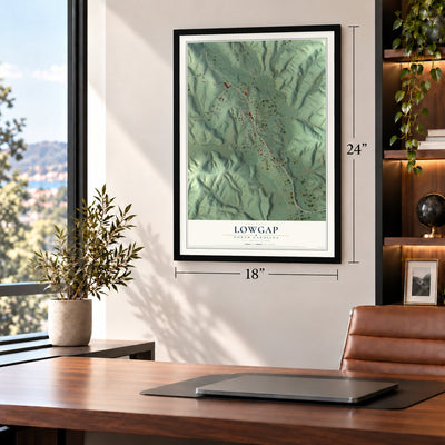 Lowgap, North Carolina map, 18 x 24 inch print in a black frame in a home office