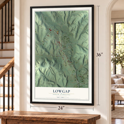 Lowgap, North Carolina map, 24 x 36 inch print in a black frame by a staircase