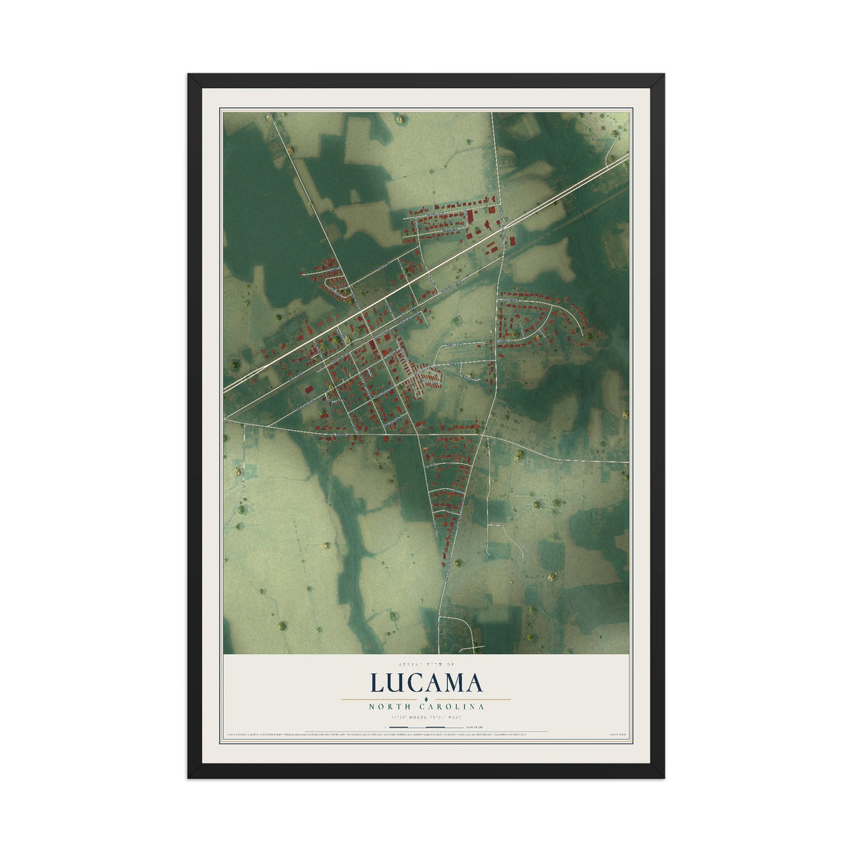 Map of Lucama, North Carolina, 12 x 18 inch print in a black wood frame