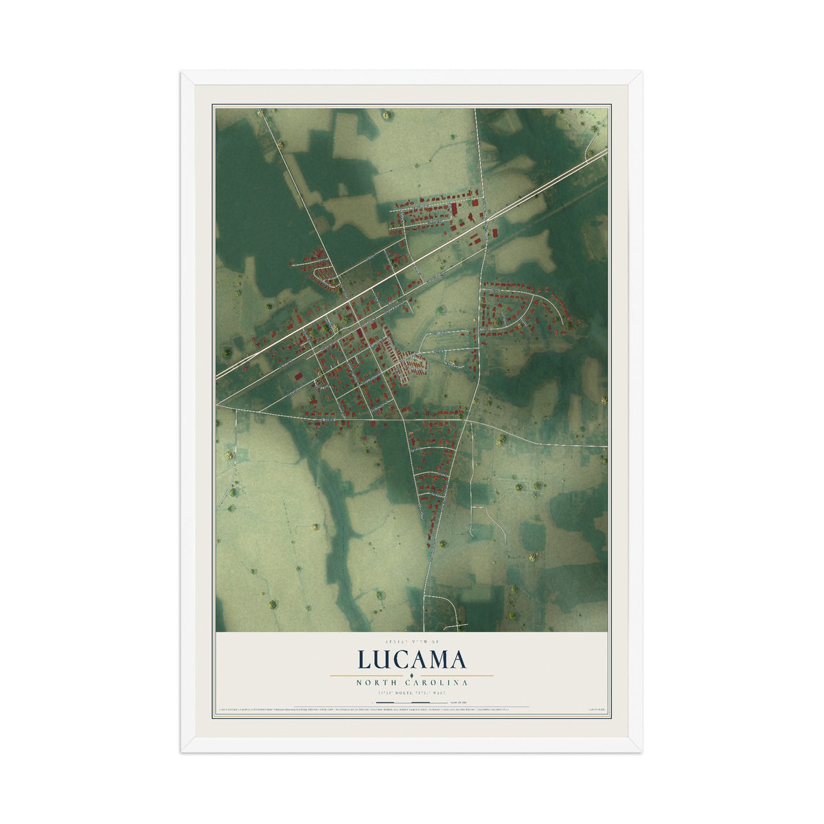 Map of Lucama, North Carolina, 12 x 18 inch print in a white wood frame