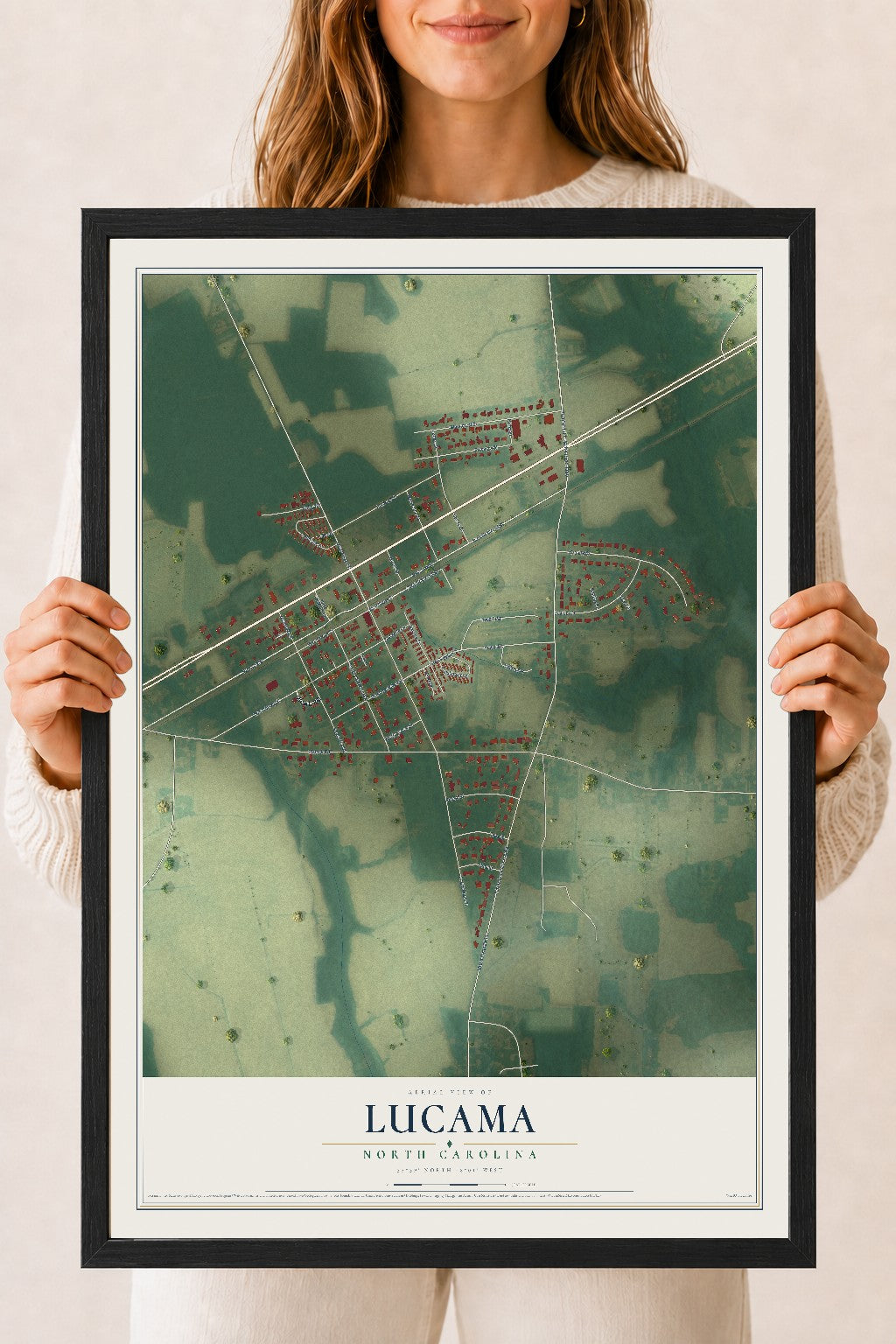 Map of Lucama, North Carolina, 18 x 24 inch print in a black wood frame