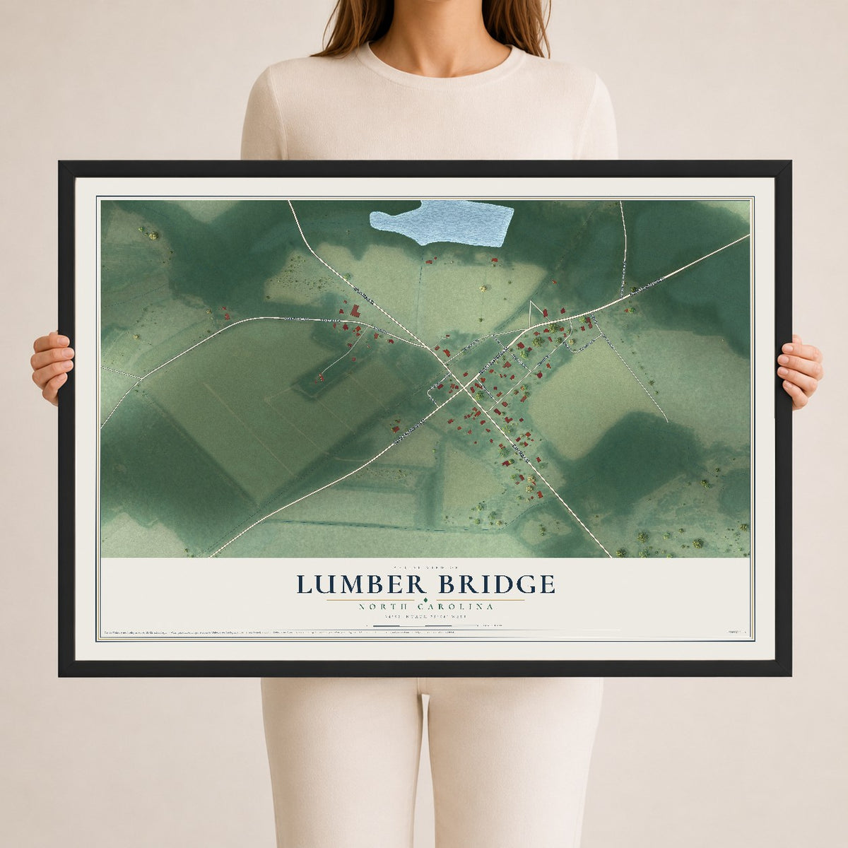 Map of Lumber Bridge, North Carolina, 24 x 36 inch print in a black wood frame