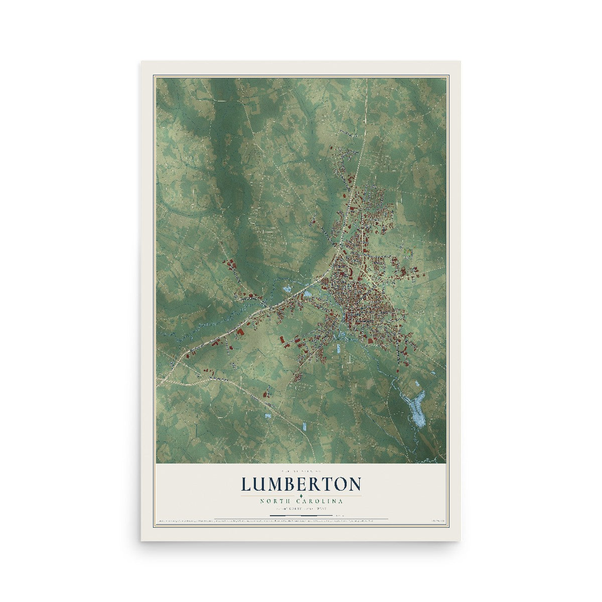 Map of Lumberton, North Carolina, 12 x 18 inch unframed archival matte print