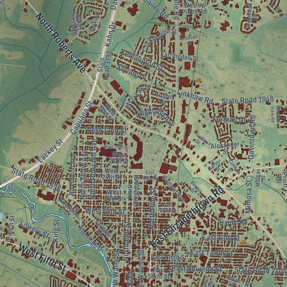 Close-up of the map of Lumberton, North Carolina print showing street and building detail