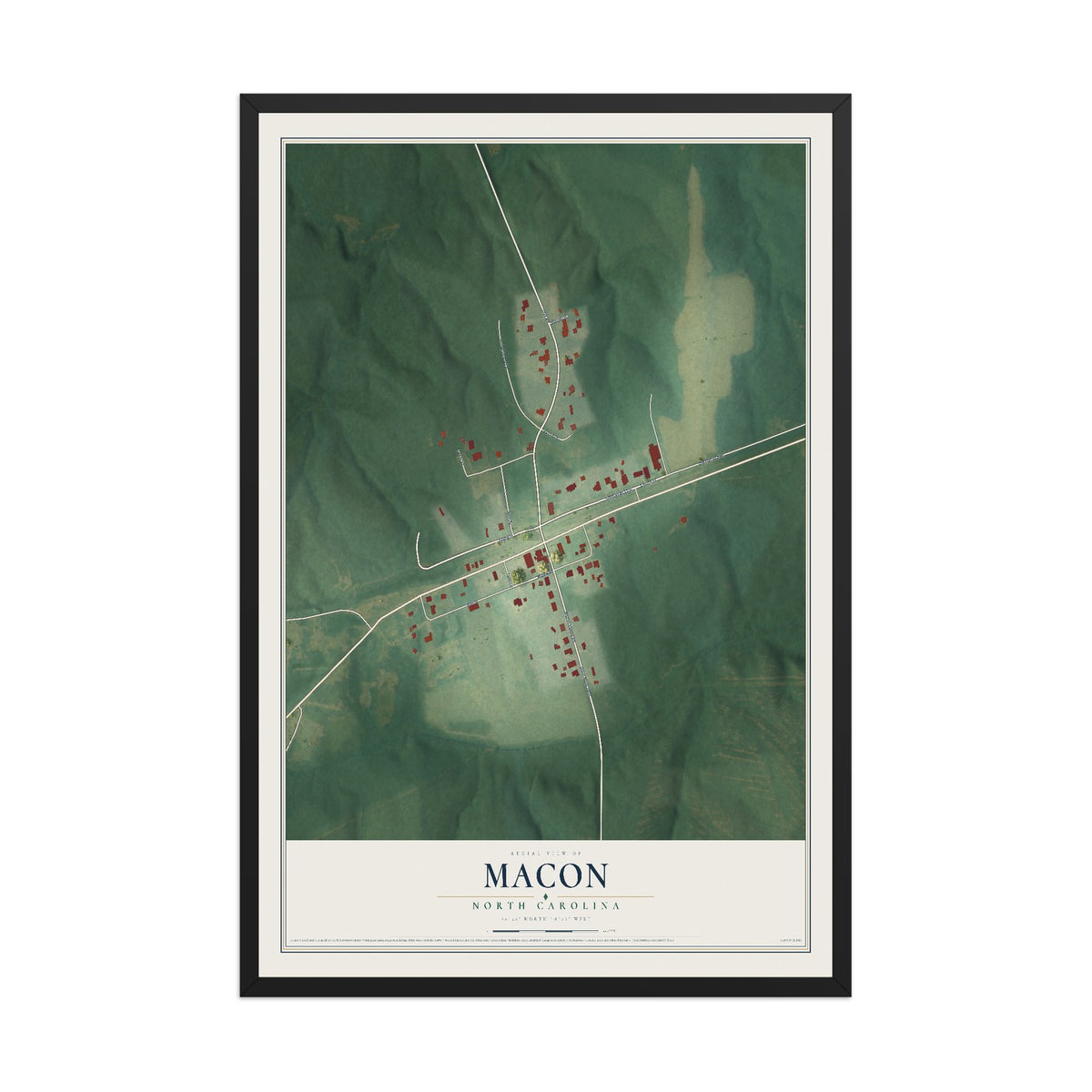 Map of Macon, North Carolina, 12 x 18 inch print in a black wood frame