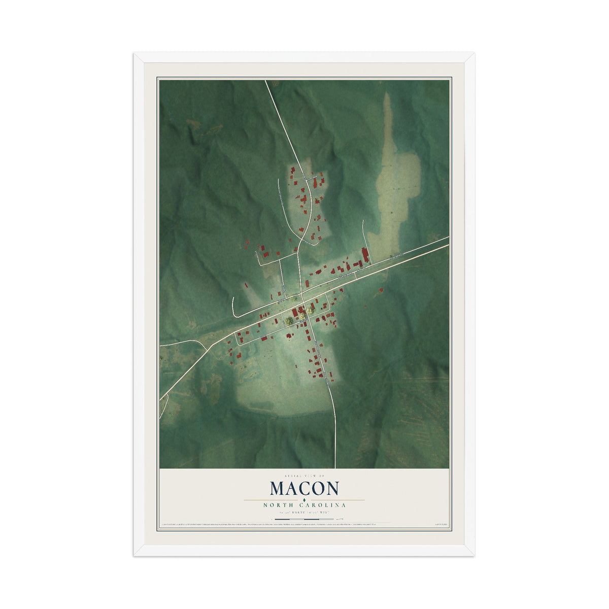Map of Macon, North Carolina, 12 x 18 inch print in a white wood frame