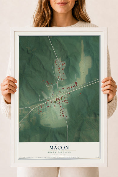 Map of Macon, North Carolina, 18 x 24 inch print in a white wood frame