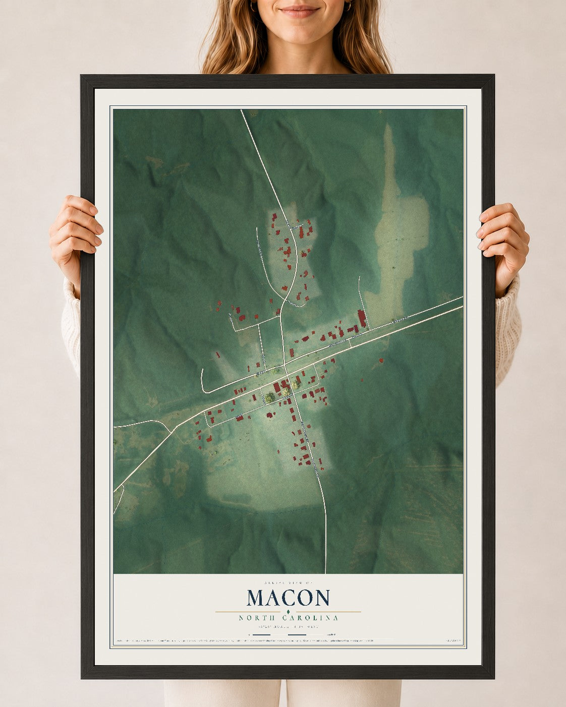 Map of Macon, North Carolina, 24 x 36 inch print in a black wood frame