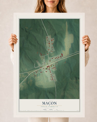 Map of Macon, North Carolina, 24 x 36 inch print in a white wood frame