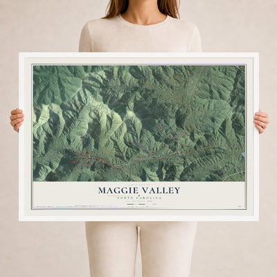 Map of Maggie Valley, North Carolina, 24 x 36 inch print in a white wood frame