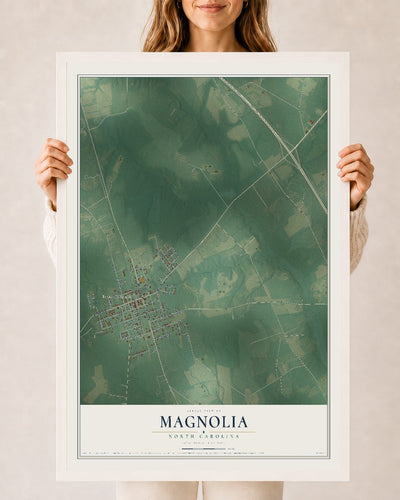 Map of Magnolia, North Carolina, 24 x 36 inch print in a white wood frame