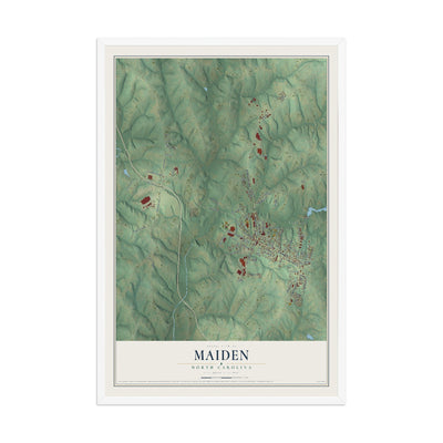 Map of Maiden, North Carolina, 12 x 18 inch print in a white wood frame