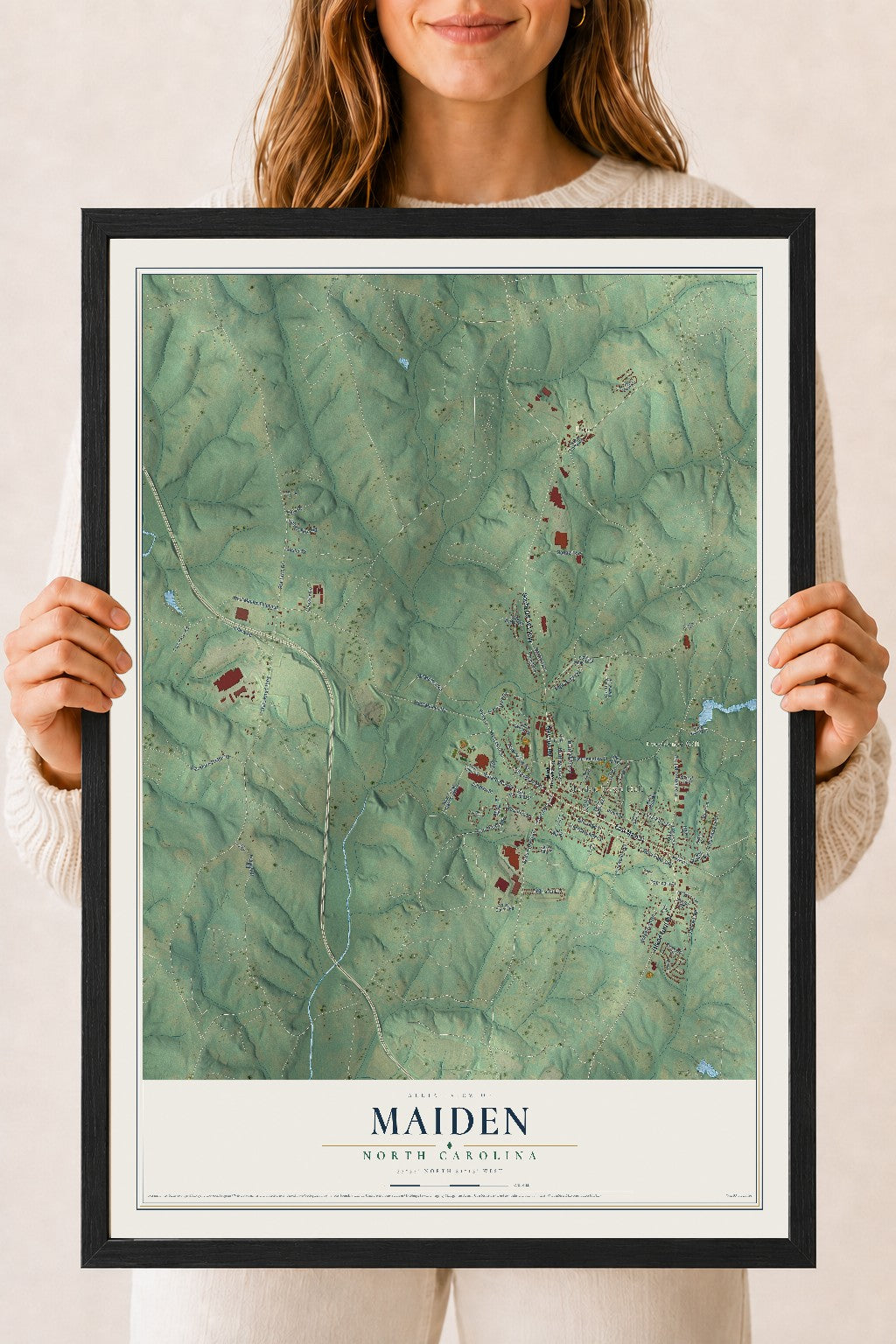 Map of Maiden, North Carolina, 18 x 24 inch print in a black wood frame
