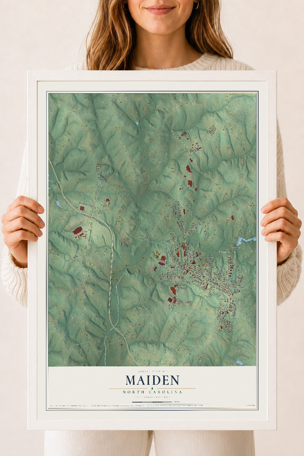 Map of Maiden, North Carolina, 18 x 24 inch print in a white wood frame