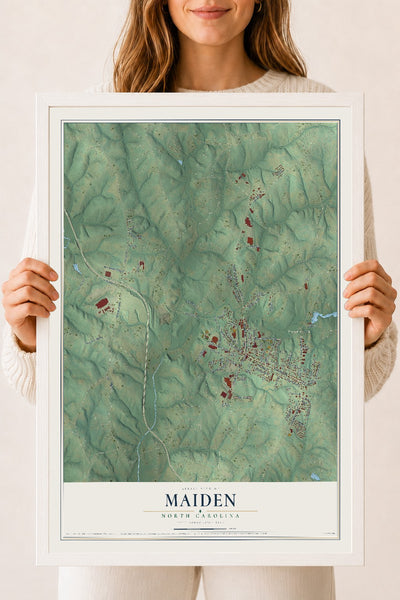 Map of Maiden, North Carolina, 18 x 24 inch print in a white wood frame