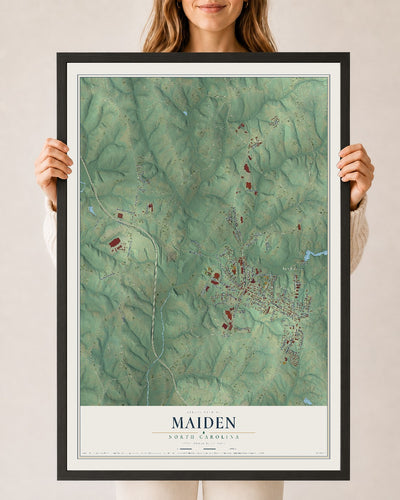 Map of Maiden, North Carolina, 24 x 36 inch print in a black wood frame