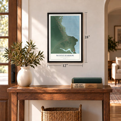 Manns Harbor, North Carolina map, 12 x 18 inch print in a black frame in an entryway