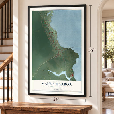 Manns Harbor, North Carolina map, 24 x 36 inch print in a black frame by a staircase