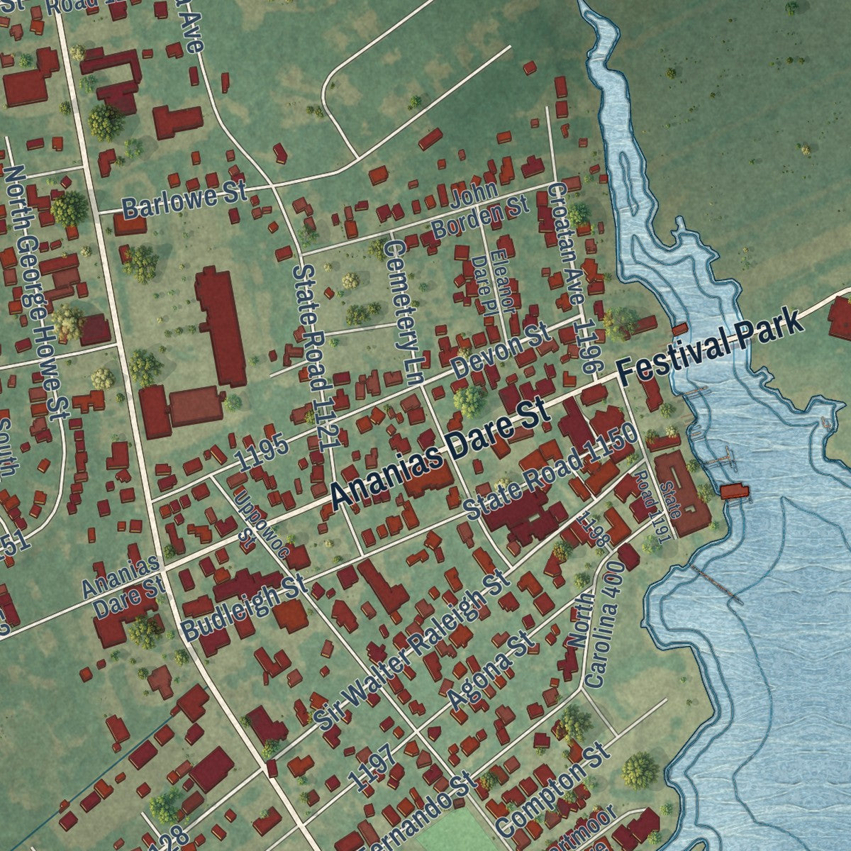 Close-up of the map of Manteo, North Carolina print showing street and building detail