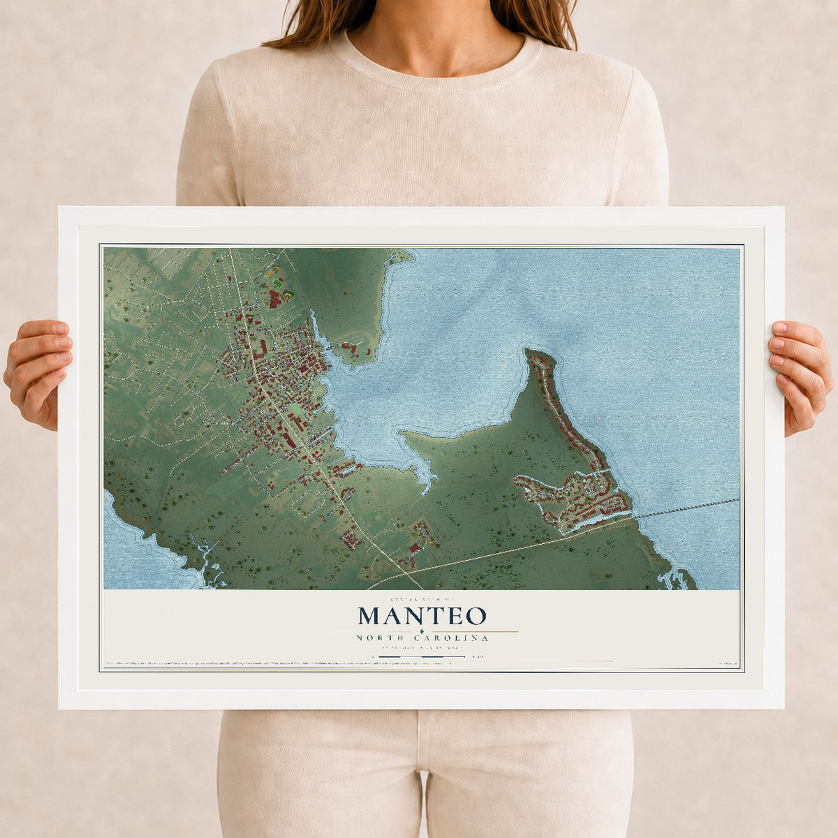 Map of Manteo, North Carolina, 12 x 18 inch print in a white wood frame