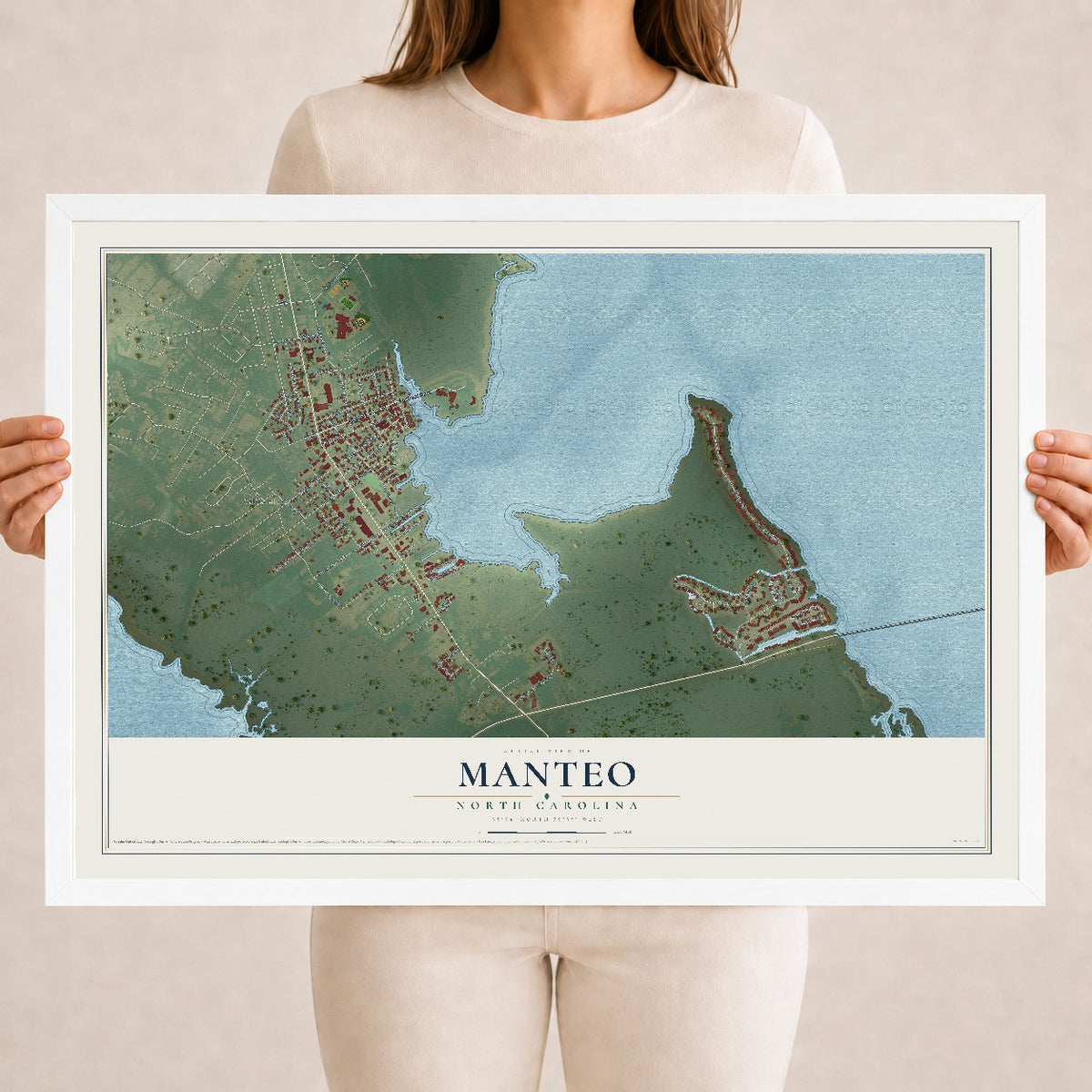 Map of Manteo, North Carolina, 18 x 24 inch print in a white wood frame