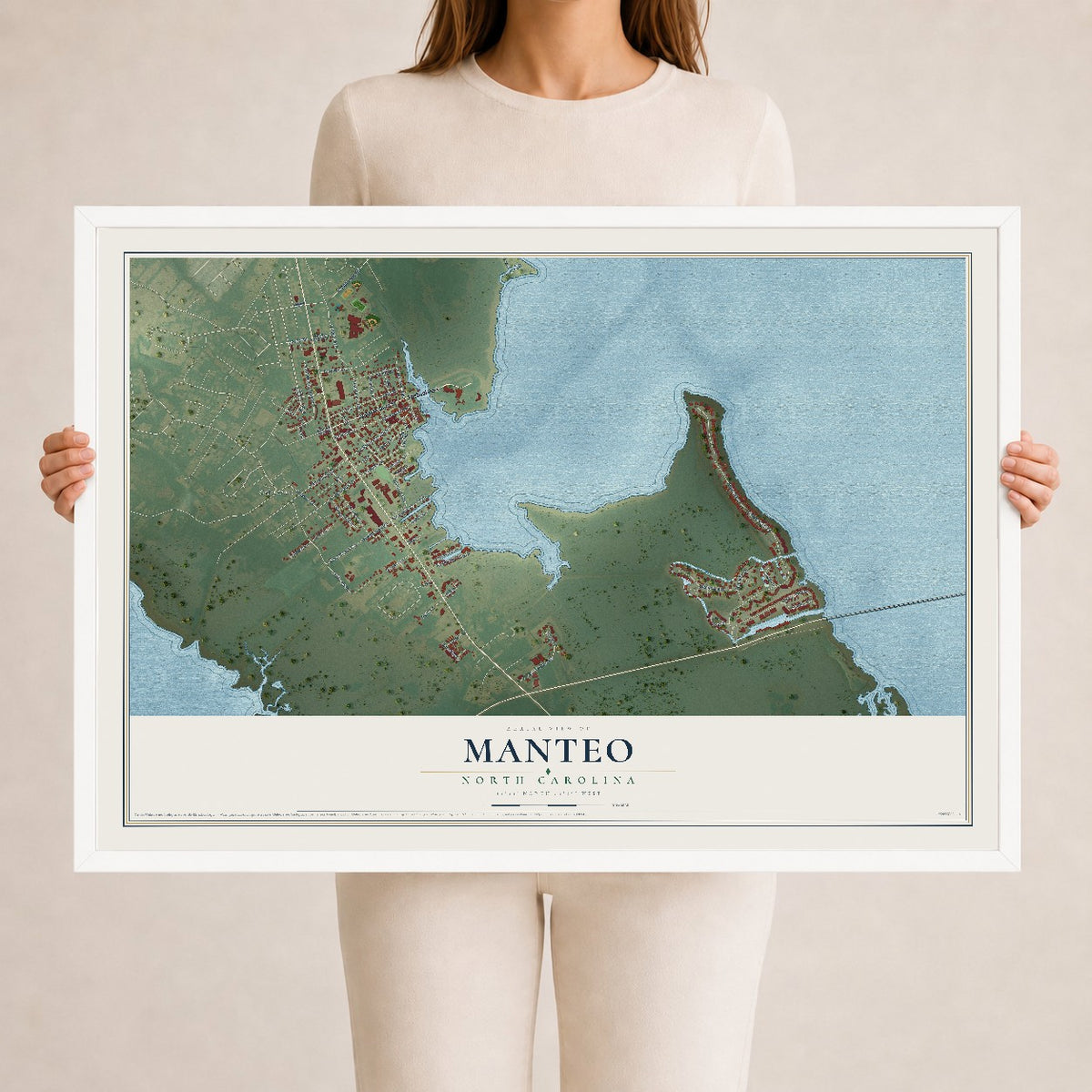 Map of Manteo, North Carolina, 24 x 36 inch print in a white wood frame